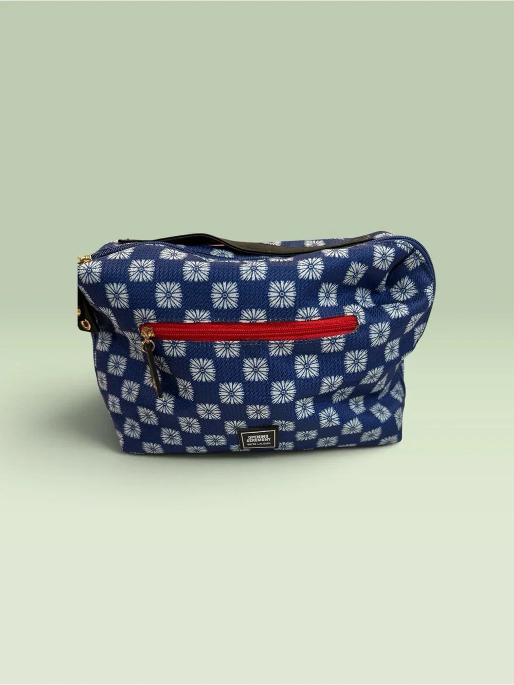 Estee Lauder Blue White Floral Cosmetic Bag with Red Zip